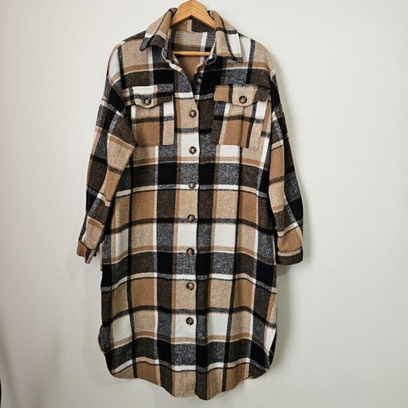 EUC AMAZING PLAID NEUTRAL COLORS LONG SHACKET SIZE M
